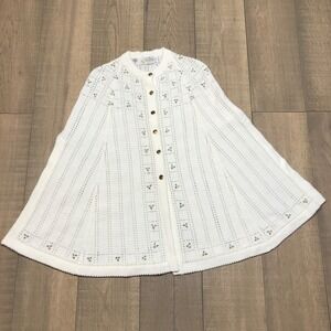 Vintage Sweater Bee by Banff Poncho Cape Womens White embroidered Floral Cottage